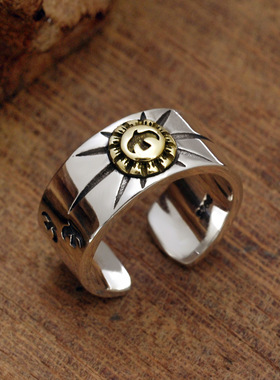 日本coss kokos925银潮男指男环高桥镶铜飞鹰射线图腾印记开口