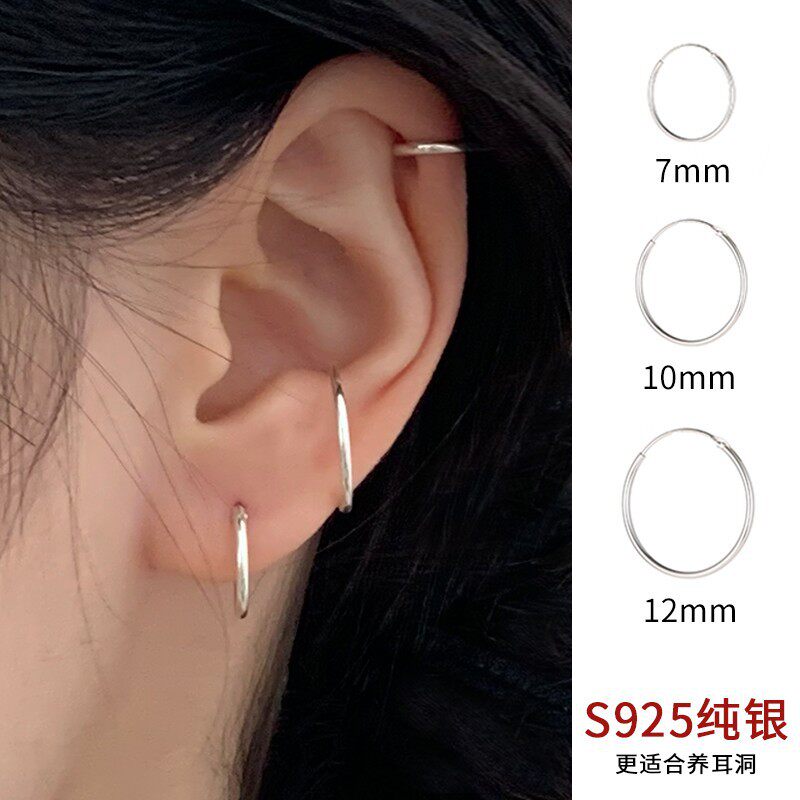 日系设计师topwhit通体s925银素圈耳扣女极简养耳洞耳环经典韩系