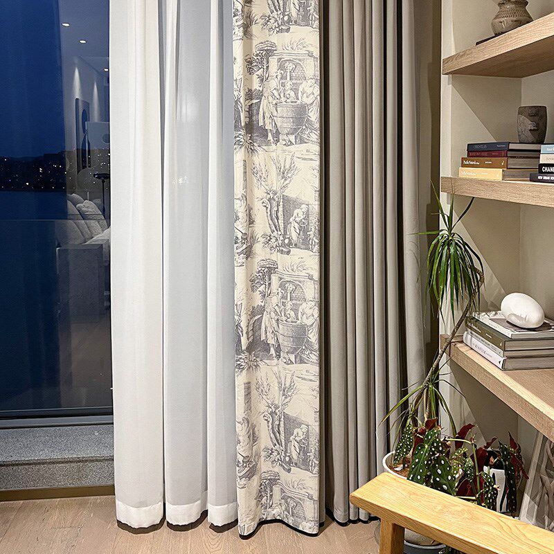 优选慵懒风法式拼色窗帘灰绿复古纯色高品质丝绒仙女卧室落地可飘