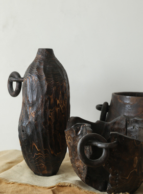 手工实木雕刻装饰艺术木桶艺术品拙朴侘傺民宿人文摆件花桶