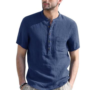 shirts for men polo shirts tshirt亨利领纯色短袖衬衫棉麻衬衣