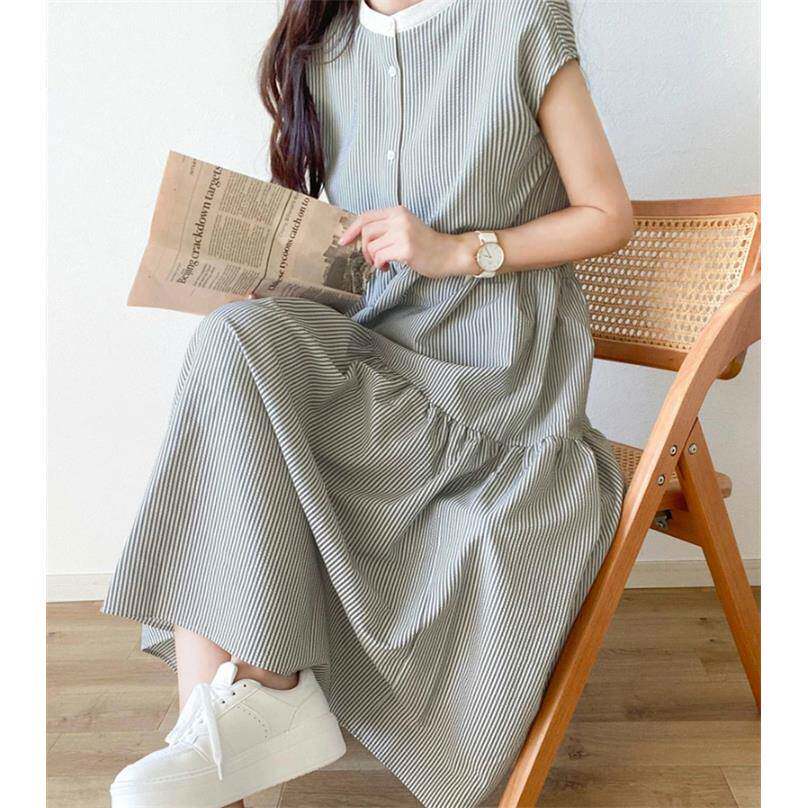 跨境外贸日韩系夏甜美后领系带无袖条纹荷叶边蛋糕裙连衣裙娃娃裙