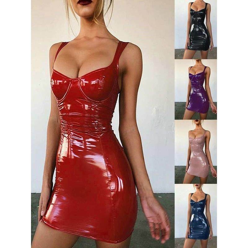 PU皮吊带连衣裙夜店蹦迪名媛女神亮光裹胸收腰带钢圈聚拢包身短裙