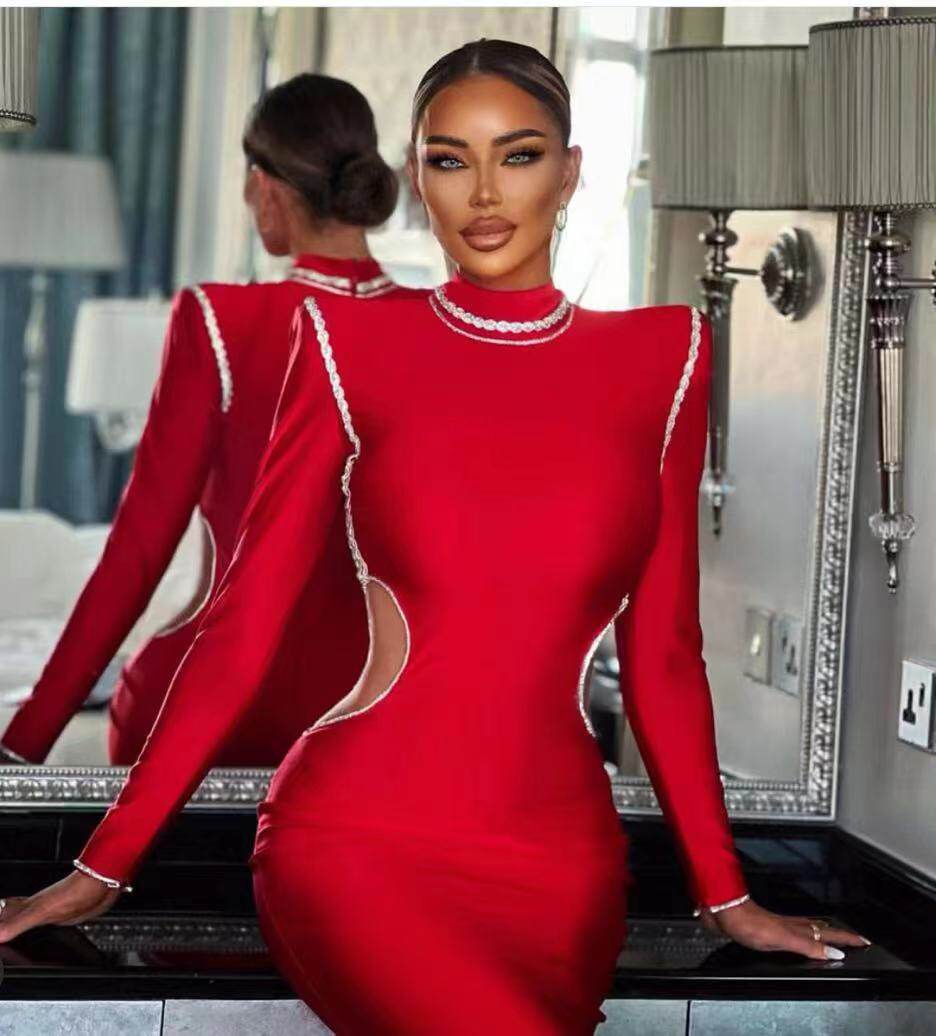 高级感优雅女装连衣裙短包臀弹力绷带裙珍珠蕾丝边bandage dress