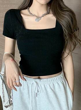 方领短袖高腰短款露脐t恤女2022summer women sexy t shirts tops