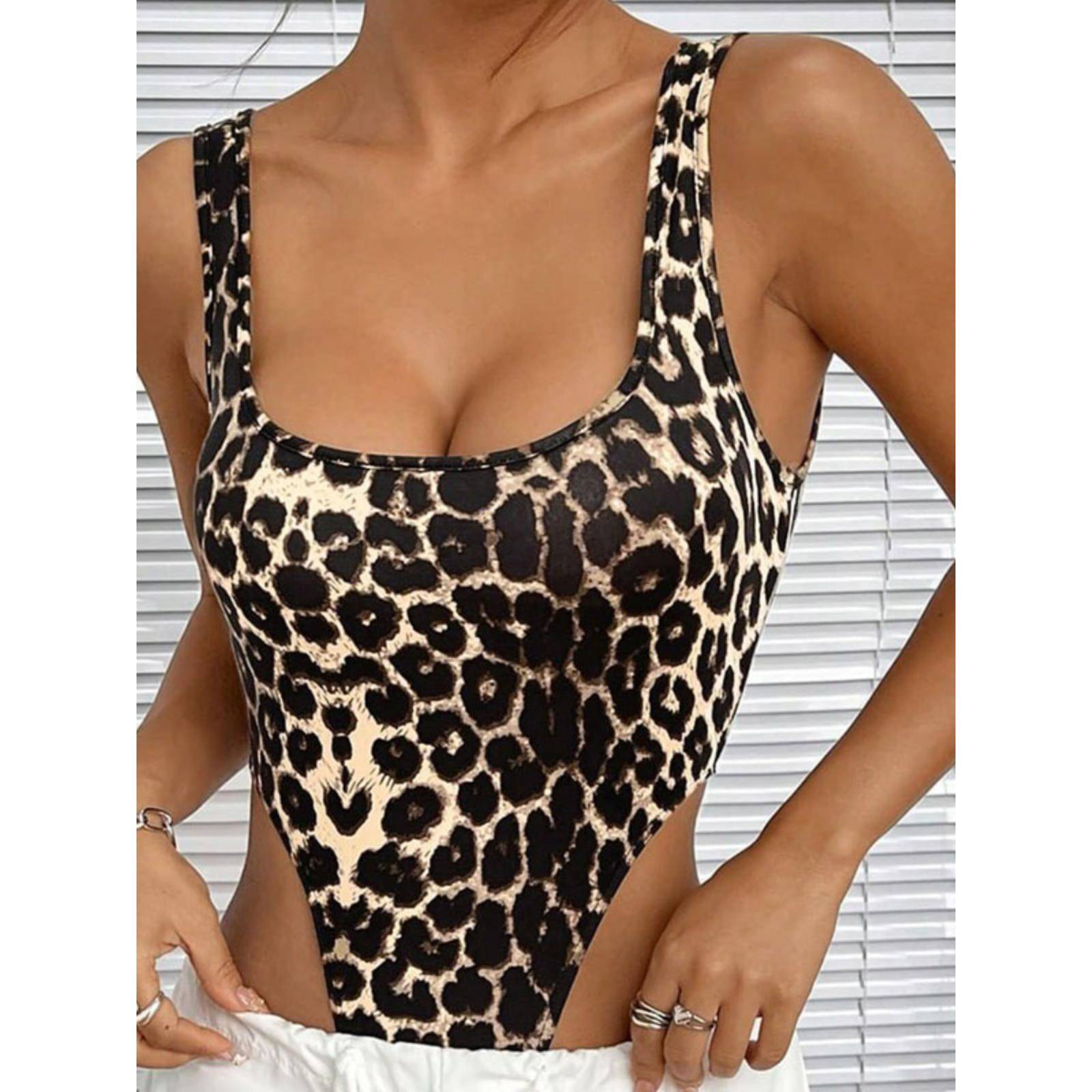 CNYISHE 欧美风辣妹方领豹纹背心连体衣街头时尚百搭露背高腰上衣