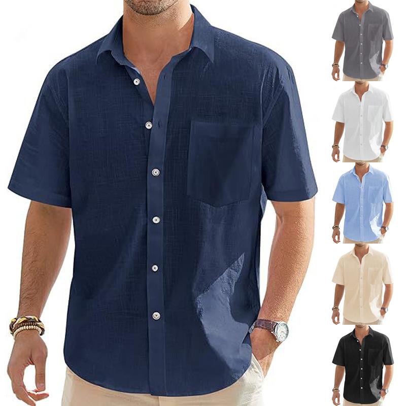 2024 Summer Men Cotton Linen Short Sleeve Tops Casual Shirt