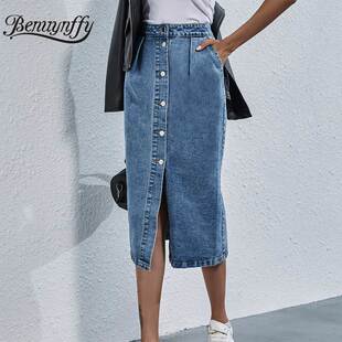 Knee Length Denim Skirt Women Streetwear Casual Jeans Skirt