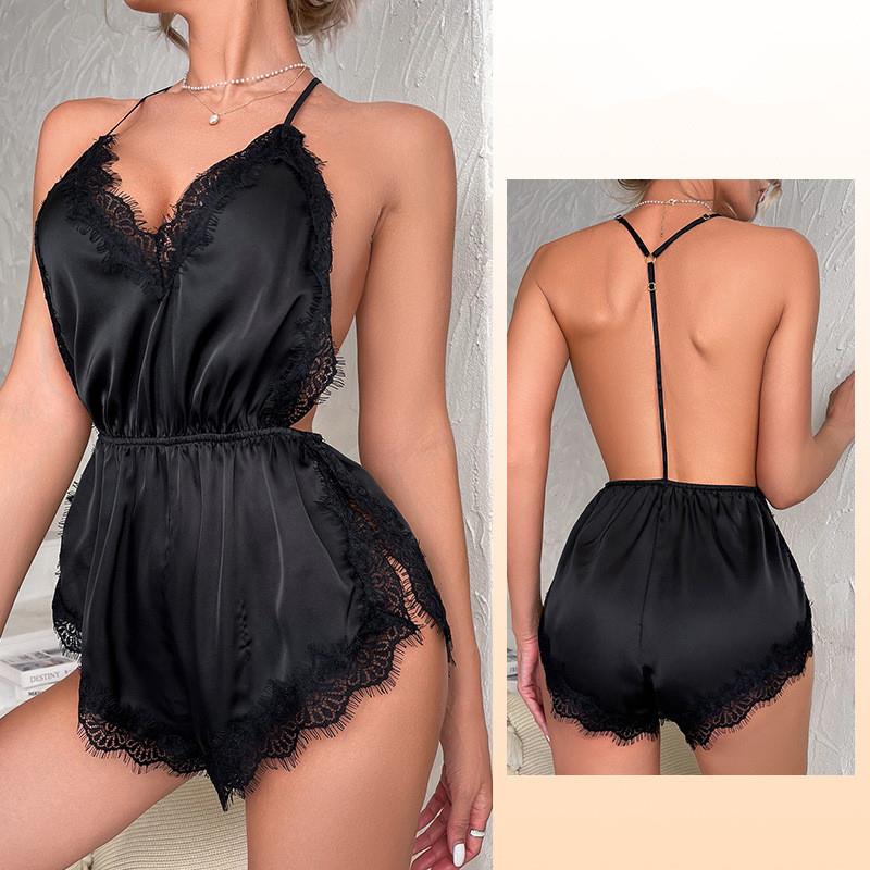 欧美性感V领露背吊带连体短裤睡衣家居服女 Sexy Bodysuit Pajama