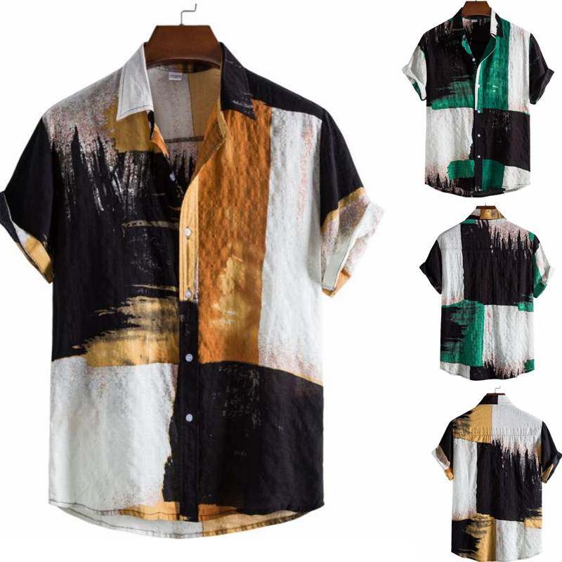 欧美碎花拼色开衫短袖休闲翻领沙滩短袖衬衫男hawaiian shirt men