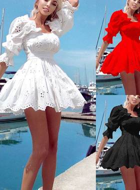 Pure color hollow waist short skirt dress纯色镂空收腰连衣裙