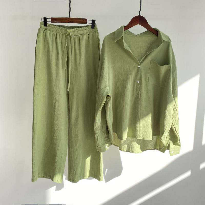Women's fashion cotton linen shirt suit high waist slack