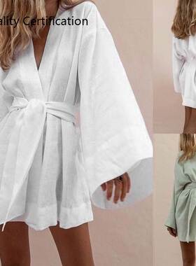 Solid color loose cotton and linen mid-length shirt skirt