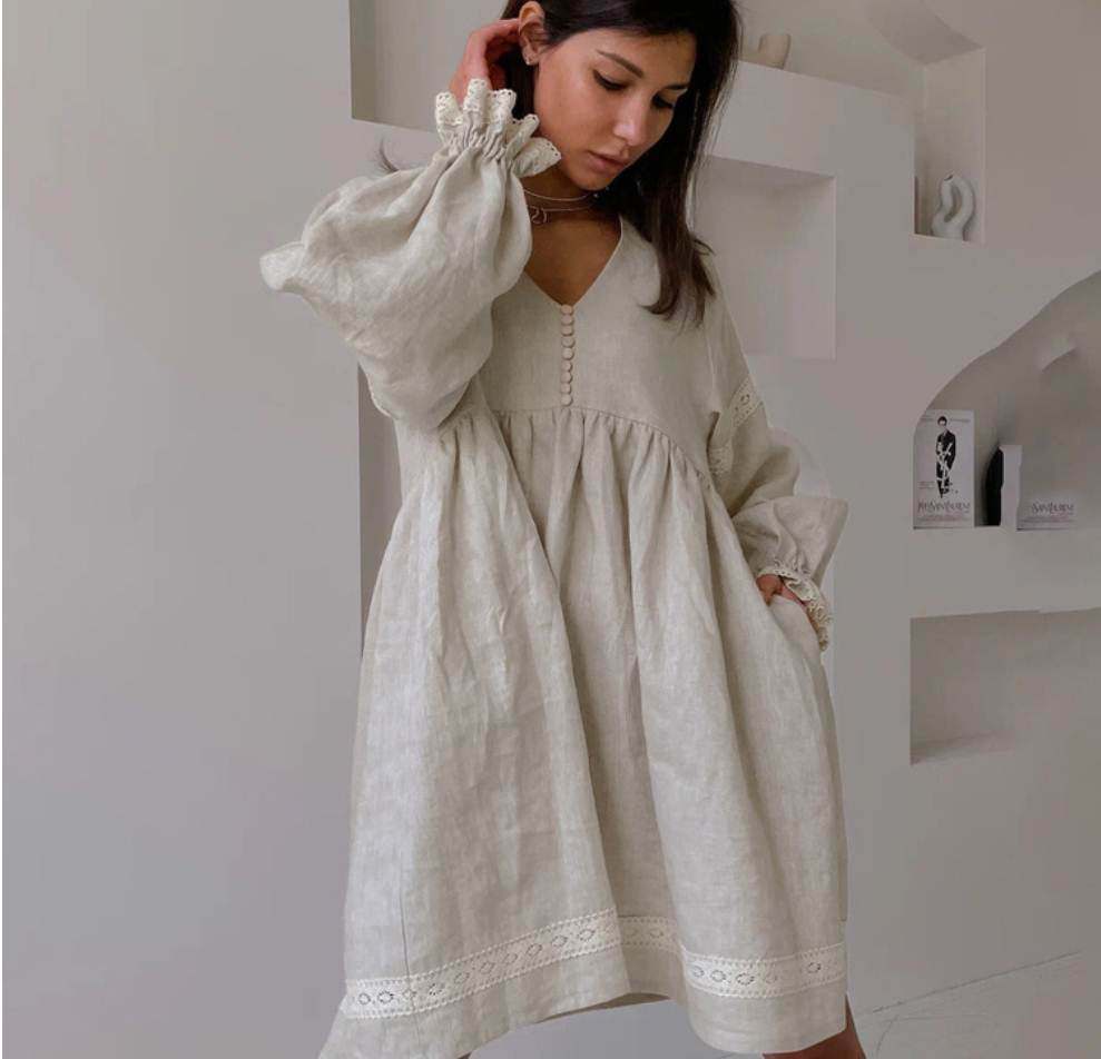Cotton linen dress法式新款棉麻V领灯笼长袖花边高腰宽松连衣裙