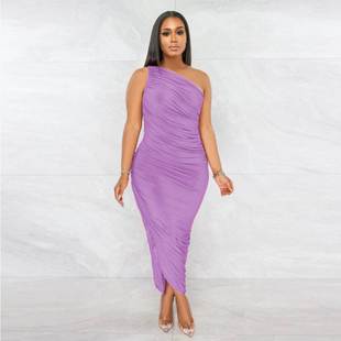 Slanted Shoulder Pleated Dress 欧美性感斜肩褶皱不规则连衣裙