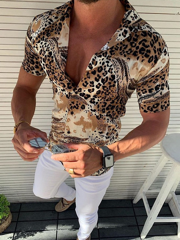 2023夏季新款豹纹性感男式西装领短袖衬衫大码休闲上衣Men Shirts