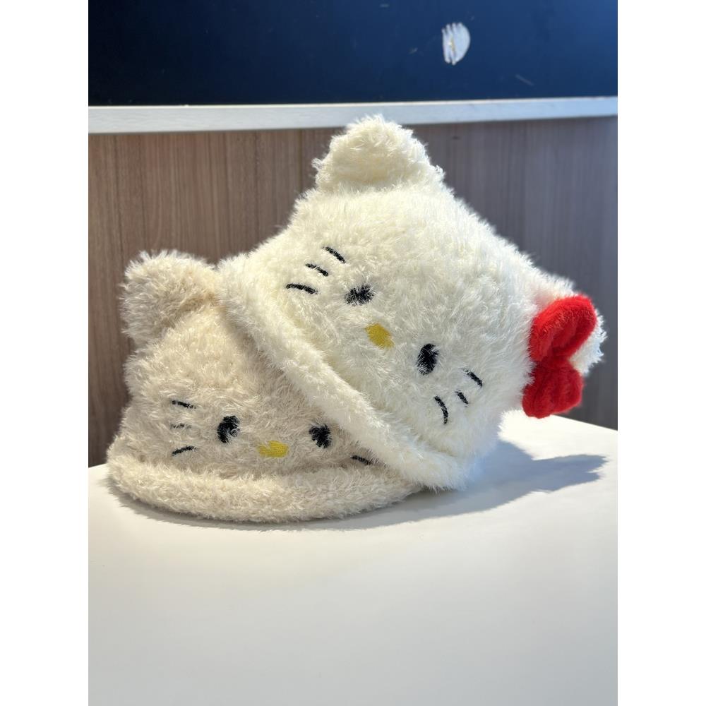 可爱卡通猫咪蝴蝶结毛绒帽子女秋冬保暖护耳套头帽显脸小包头帽