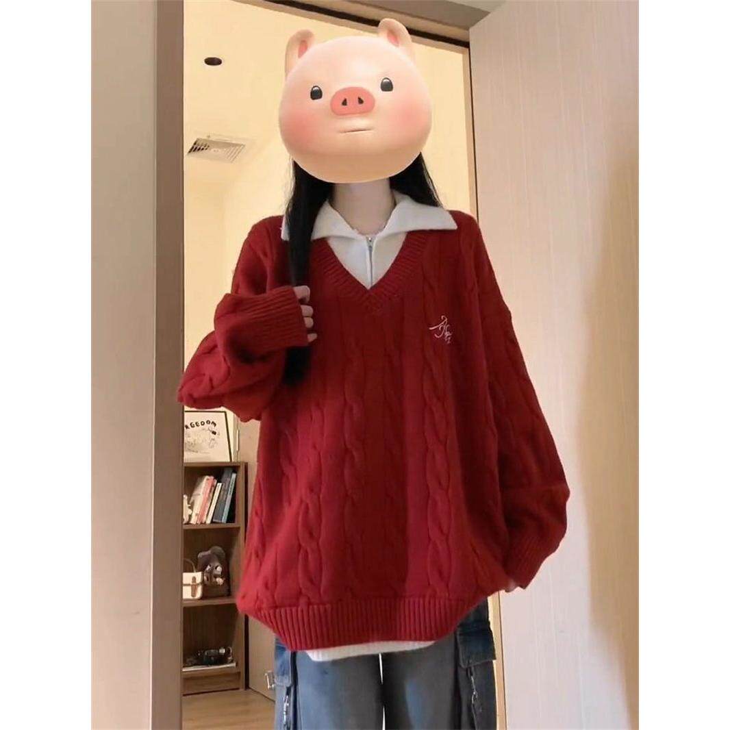 韩版甜美软糯POLO拼接翻领跨年红色毛衣秋冬季宽松保暖麻花针织衫