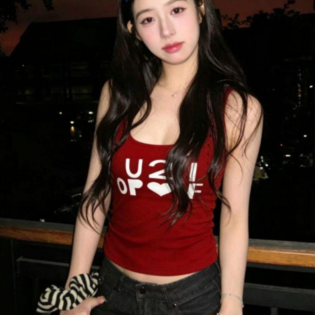 美式复古红色字母印花无袖背心女夏外穿辣妹小众设计感吊带上衣女