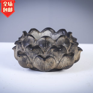 青石雕莲花笔洗烟灰缸供奉上香案头摆件居家装饰复古如意浮雕
