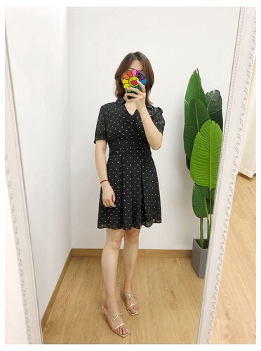 清货买手TK 23姆真丝法式衬衣V领波点拉链收腰褶皱连衣裙outlets