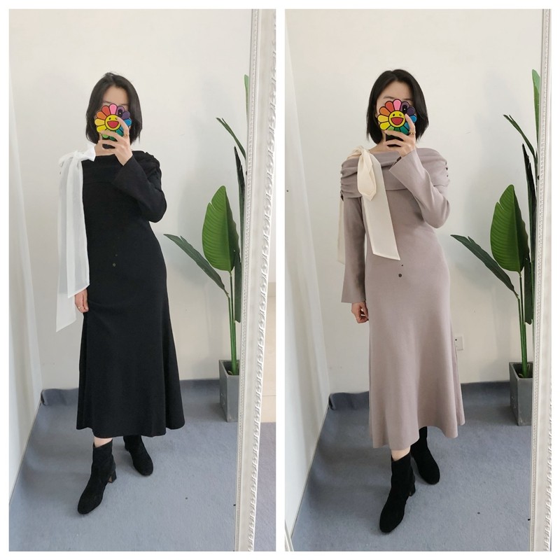 折扣 买手店snid 优雅斜露肩蝴蝶结绑带针织连衣裙修身显瘦长裙