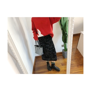 折黑色S2 买手the open product 中长款黑色亮片半裙气质高级感女