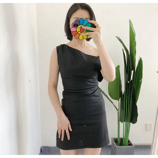 买手澳洲小众 纯欲风全亚麻 黑色斜肩露肩收腰连衣裙短裙度假