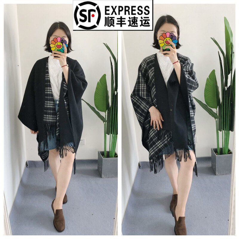 买手店 秋冬羊绒经典黑白格纹斗篷外套流苏披肩