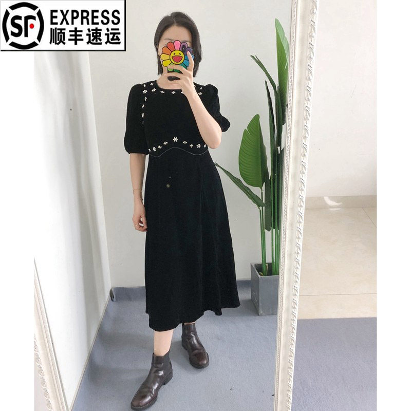 原标 买手店se@ 手工钉花钻黑色丝绒鹅绒显瘦收腰连衣裙