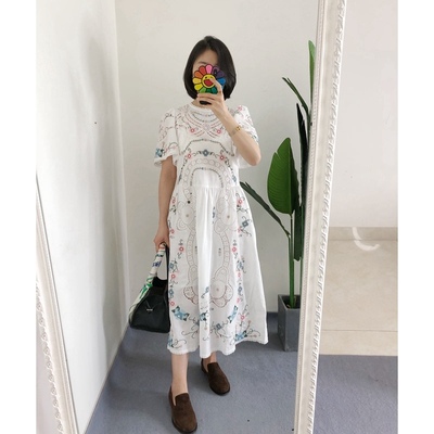 发顺丰 买手店sea 精致镂空棉麻刺绣蕾丝花边连衣裙中长裙