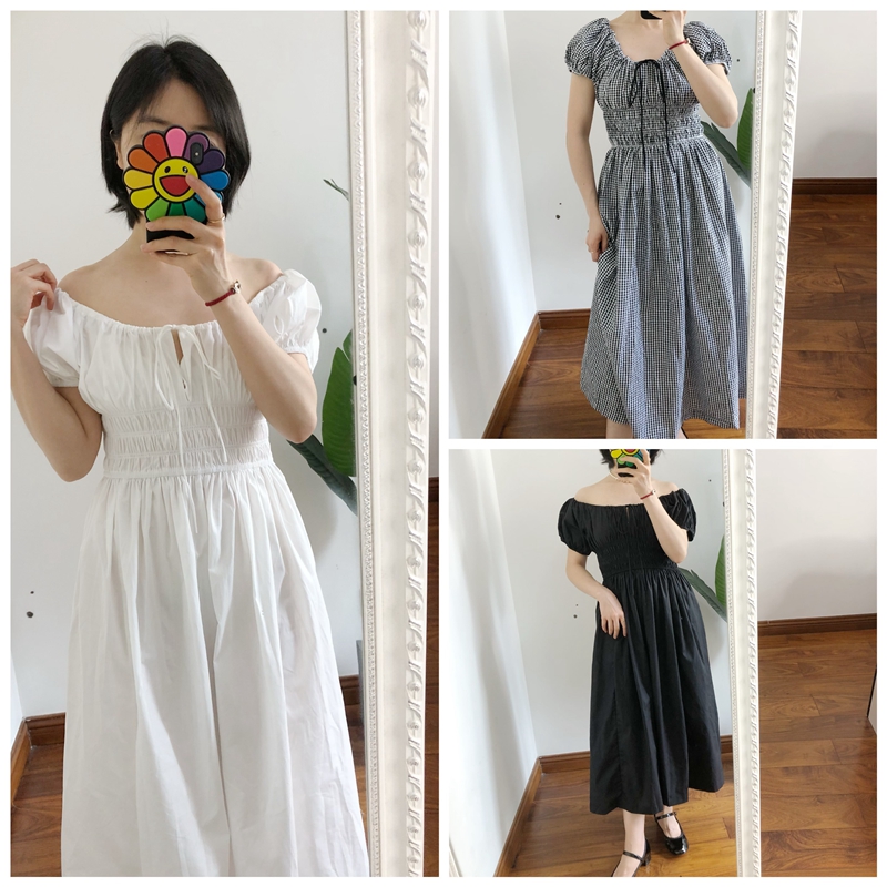 doen泡泡袖收腰连衣裙黑白长裙