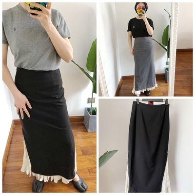 Assign侧开叉百褶羊毛半身裙