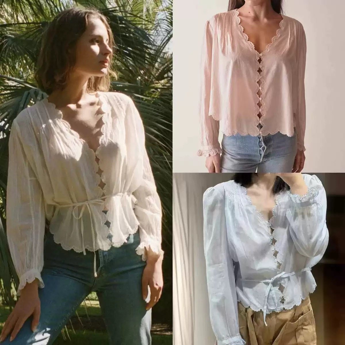 折 买手店 轻薄纯棉刺绣花边长袖衬衫V领上衣百搭防晒outlets