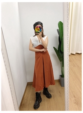 1折 仅1码 F.style 法式S V领拼色皱褶抽绳收腰女连衣裙outlets