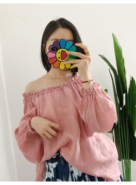 买手店arket 100苎麻 温柔泡泡袖粉色系带宽松气质衬衫防晒罩衫