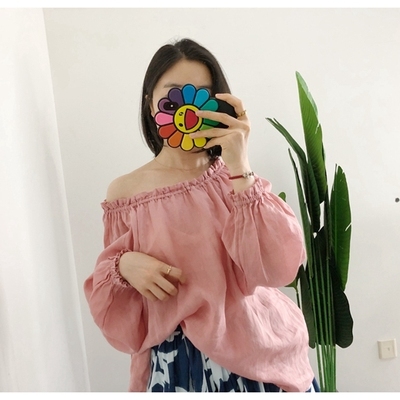 买手店arket 100苎麻 温柔泡泡袖粉色系带宽松气质衬衫防晒罩衫