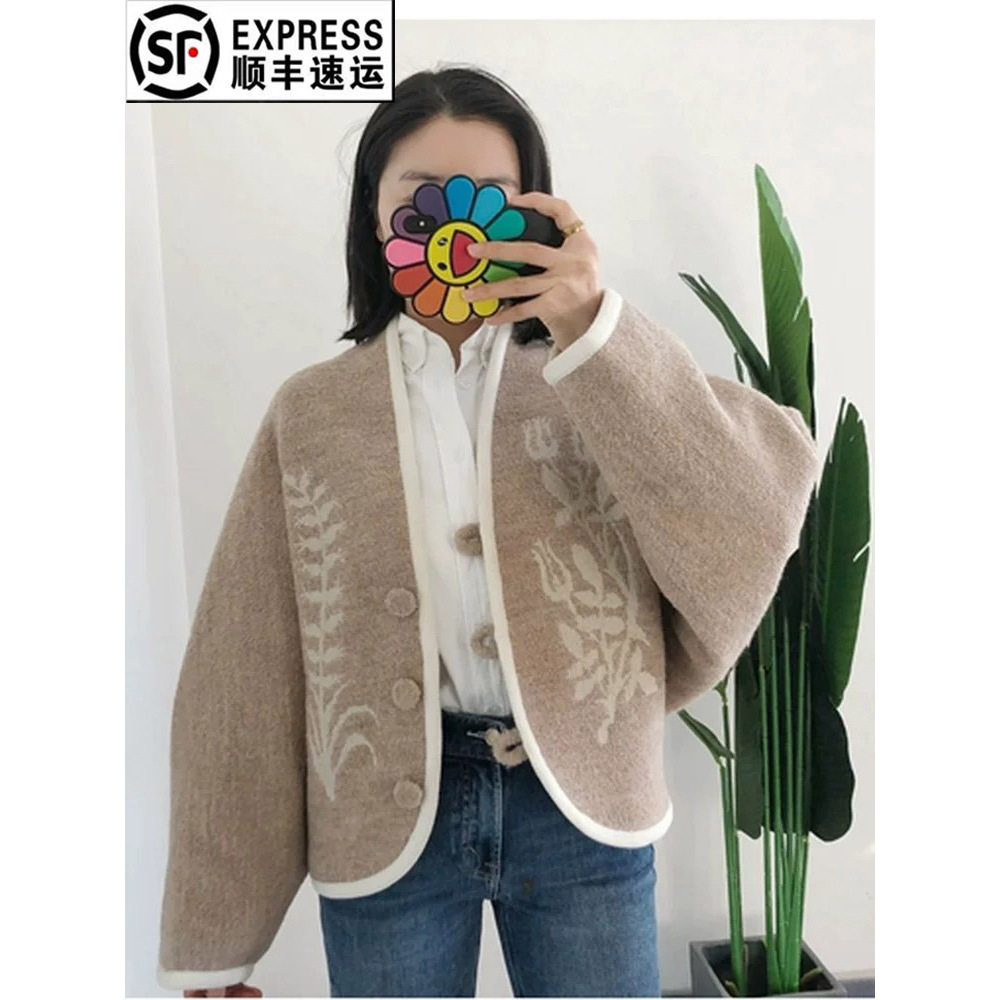 买手店cello 十字花绣花宽松羊驼毛棉服短外套