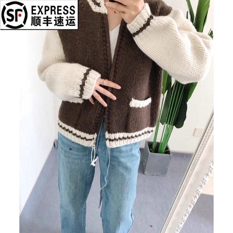买手店SHOPM 韩国手工100羊毛厚款软糯复古撞色针织外套棒球服