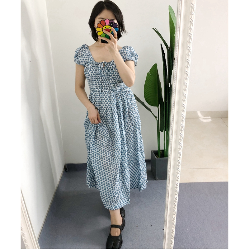 Y标买手店doen法式气质纯棉碎花复古泡泡袖抽绳收腰显瘦连衣裙