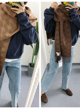 少量了 买手店cel 100羊绒凯旋门双面印花流苏围巾披肩女士围脖