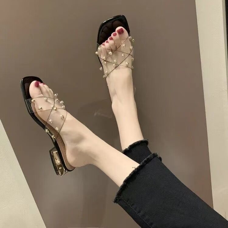 3543大码女鞋铆钉透明粗跟一字拖