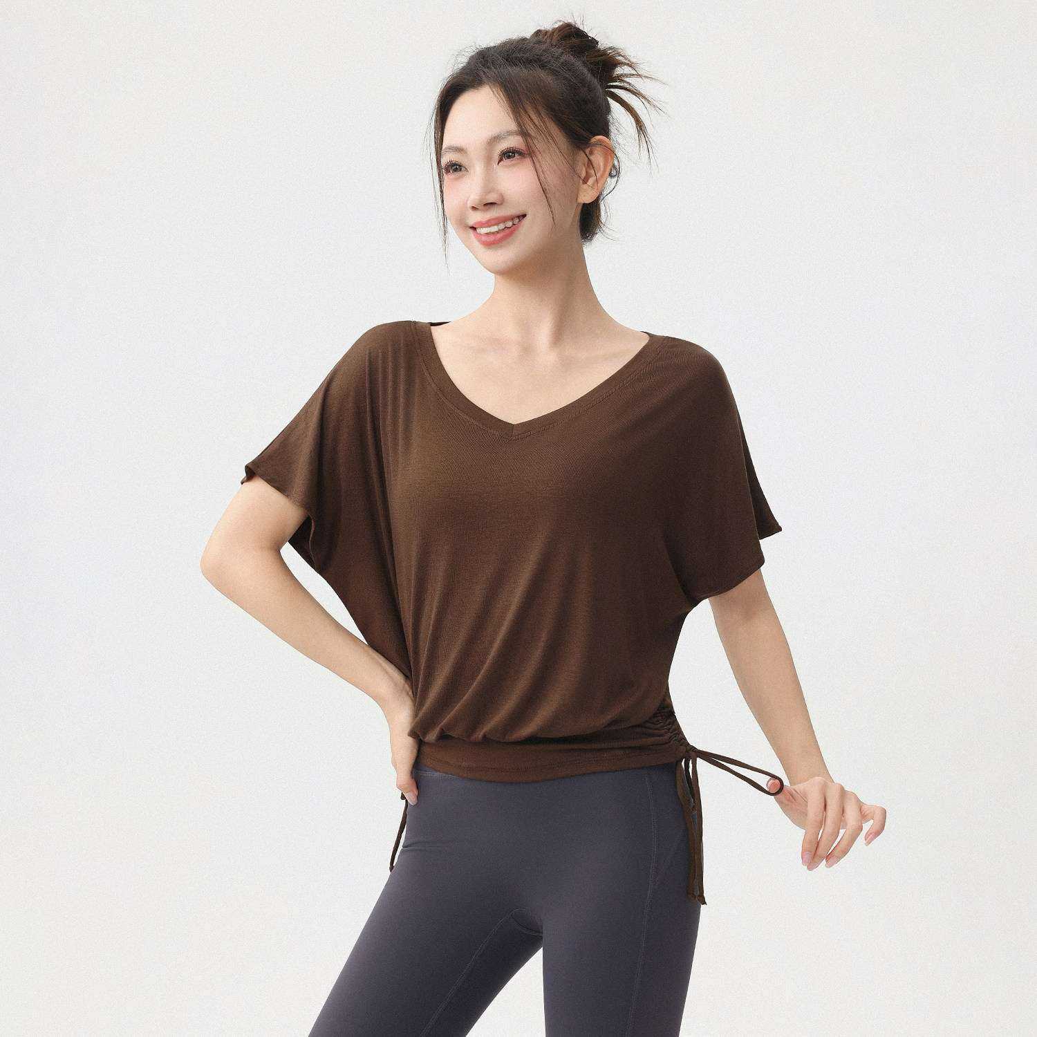 V领宽松速干瑜伽短袖抽绳显瘦女