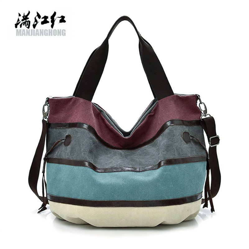 新款彩虹条纹帆布包拼接复古时尚大包高级感欧美手提斜挎单肩包女