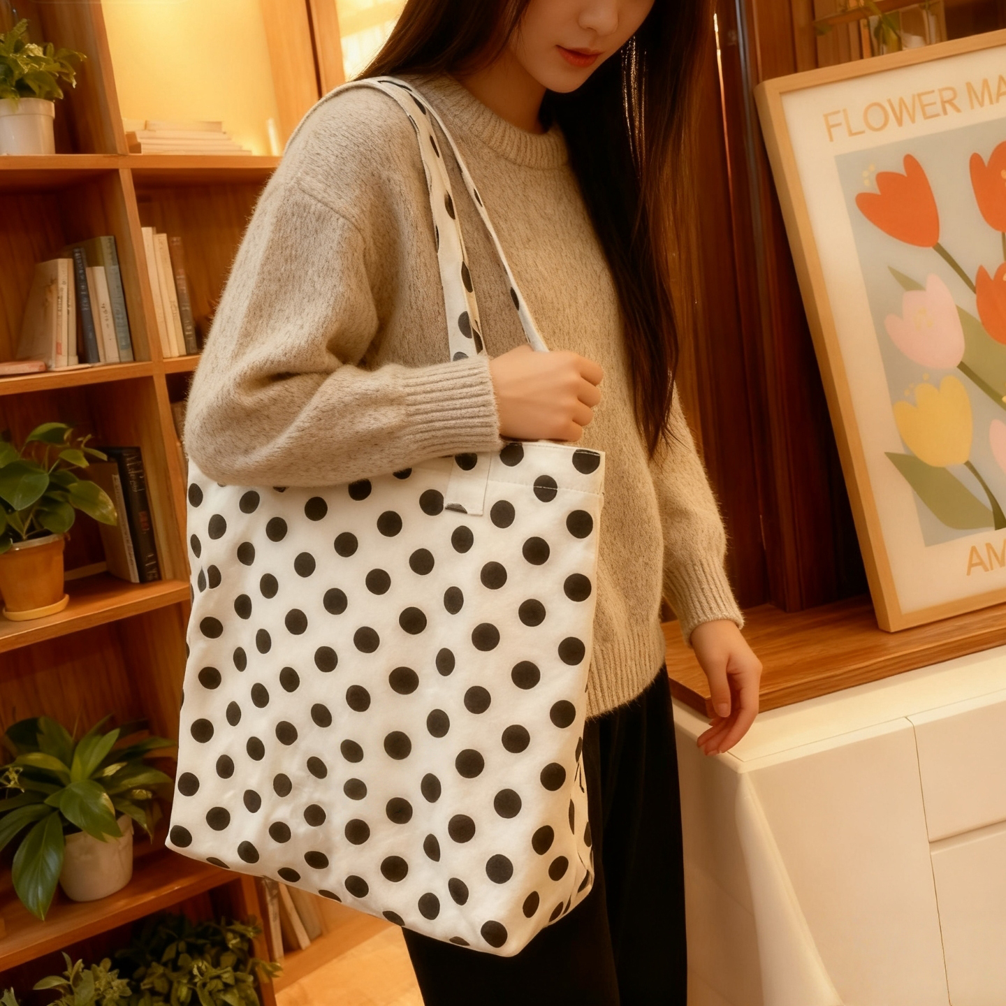 韩系波点帆布包大容量托特包单肩