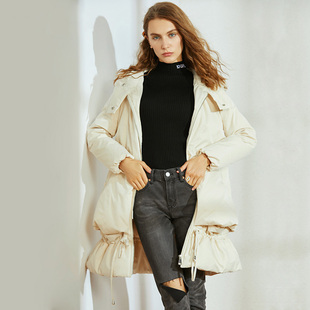 中长款羽绒服女加厚白鸭绒冬季保暖显瘦抽绳系带连帽浅色鹅绒外套