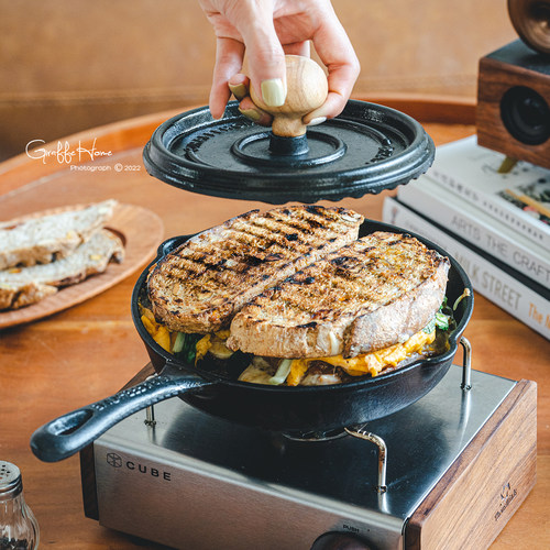 珐琅铸铁锅帕尼尼锅带压板条纹锅