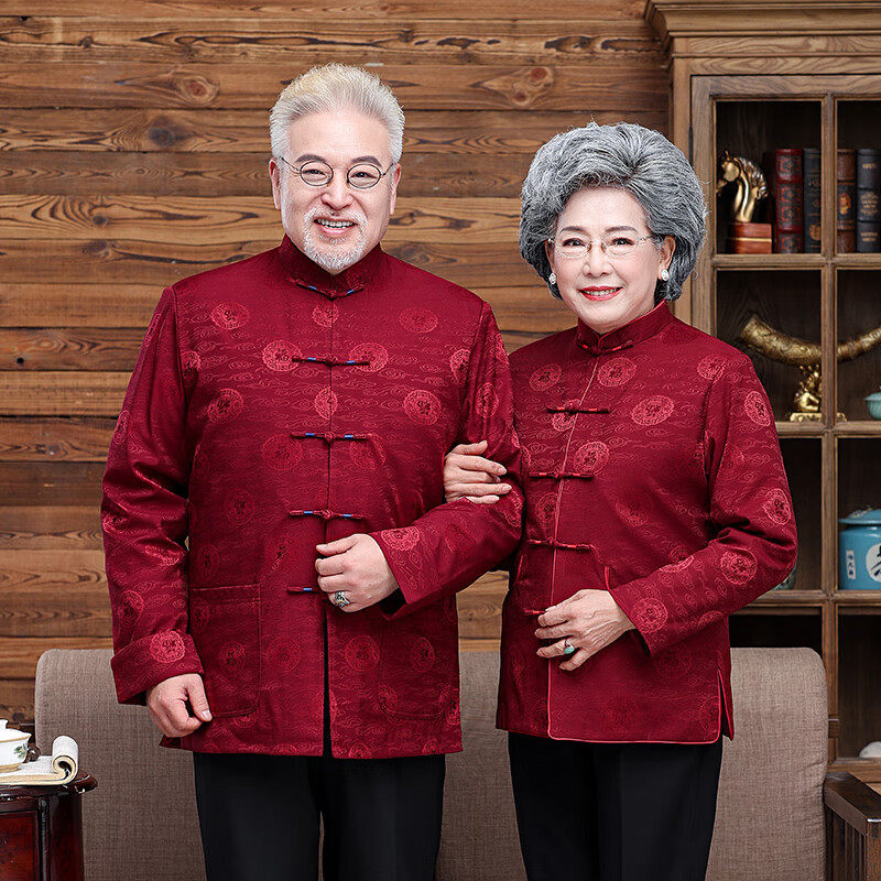 唐装男中老年红色情侣喜庆服装大寿老人生日衣服中式盘扣爷爷套装