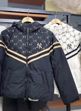 MLB羽绒服NY钻石老花拼接男女同款秋冬连帽防风情侣外套3ADJM0746