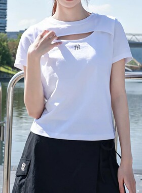 MLB女子短袖26新款NY刺绣复古镂空短款圆领修身运动T恤3FTSB7163